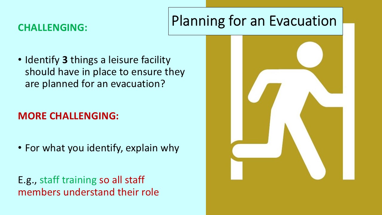 PowerPoint slide on planning for a leisure facility evacuation