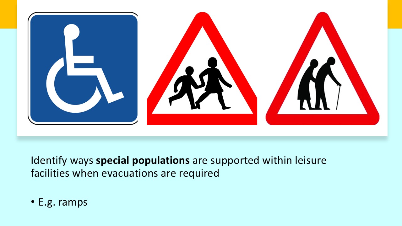 PowerPoint slide on special populations during a leisure facility evacuation