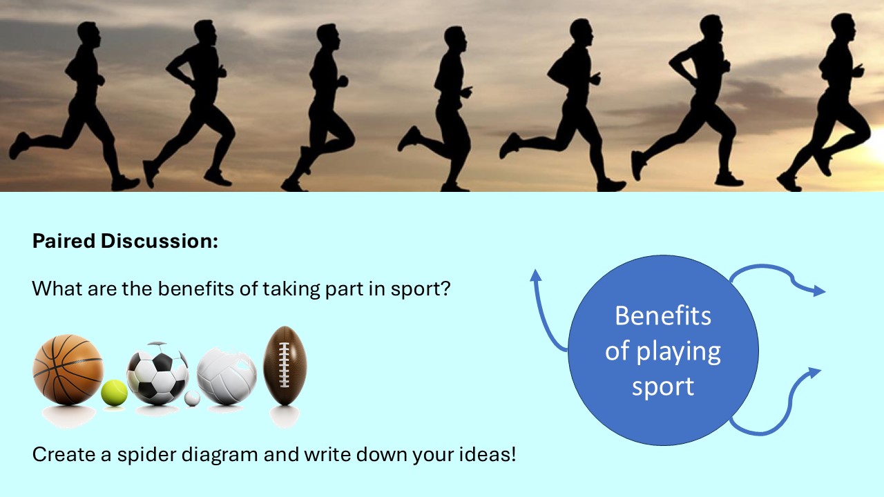 PowerPoint slide listing the main benefits of being actively involved in a sport