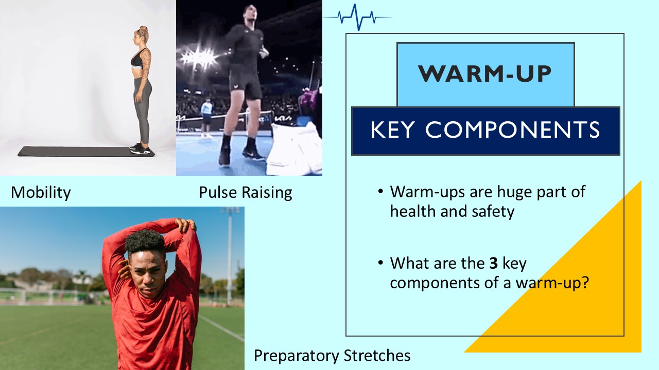 PowerPoint slide on the key components of a warm up in sport - mobility, pulse raising, stretches