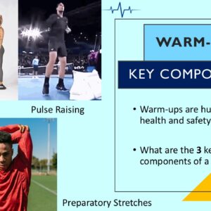 PowerPoint slide on the key components of a warm up in sport - mobility, pulse raising, stretches