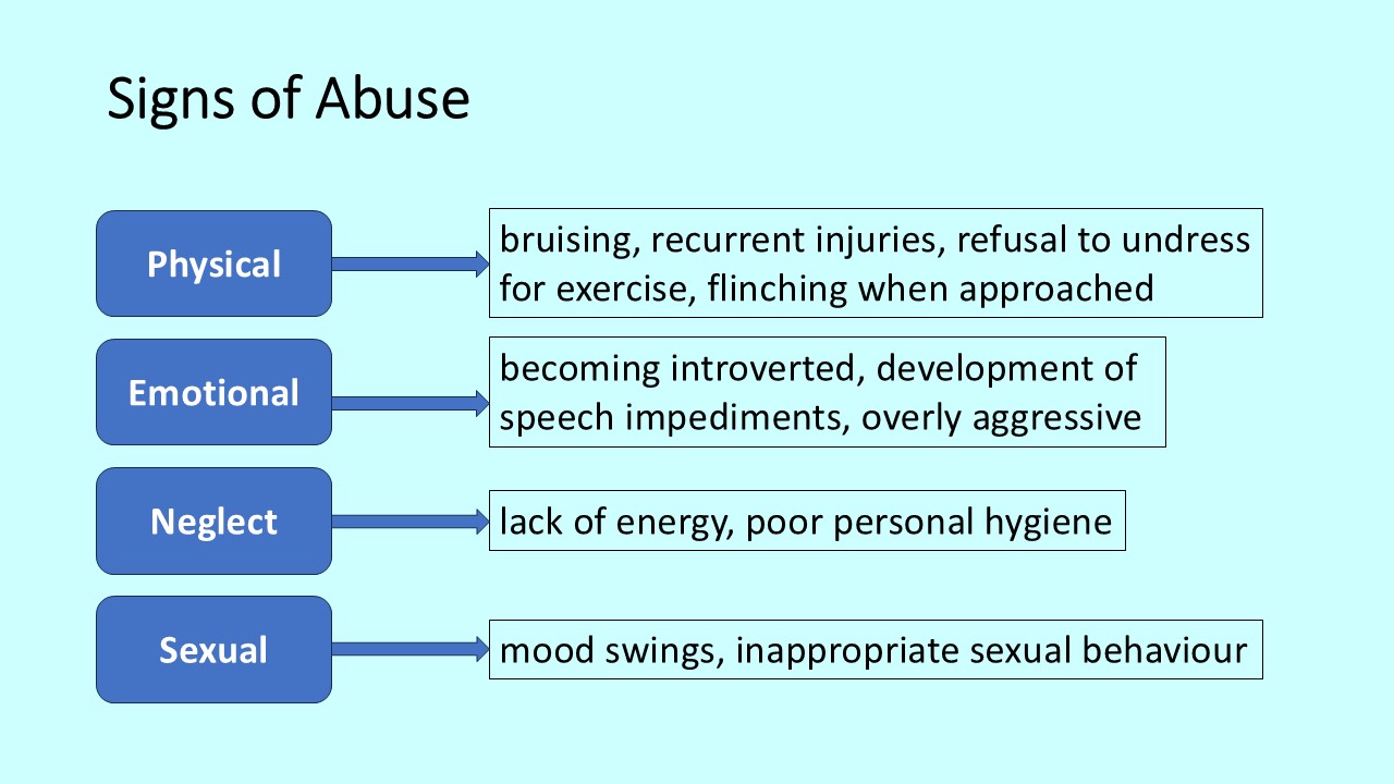 PowerPoint slide on the signs of abuse - physical, emotional, neglect, sexual
