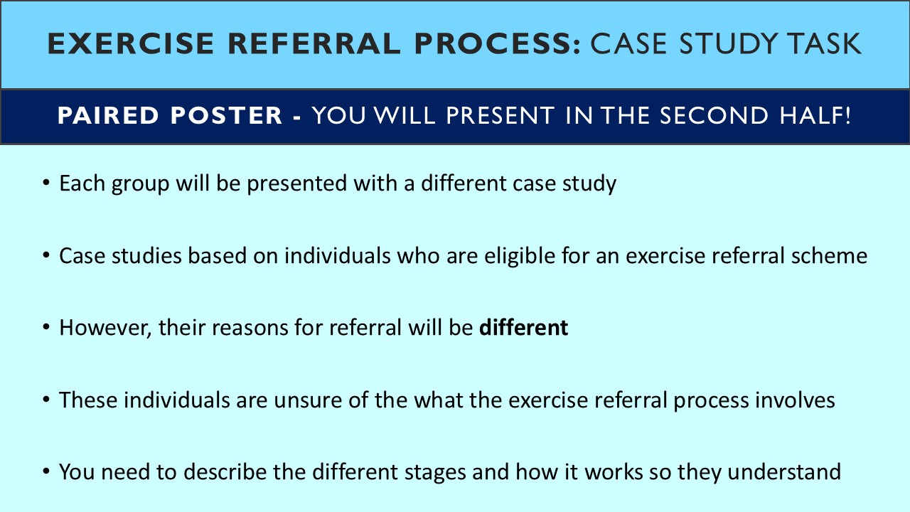 PowerPoint slide on an exercise referral case study task where the reasons for referral are different