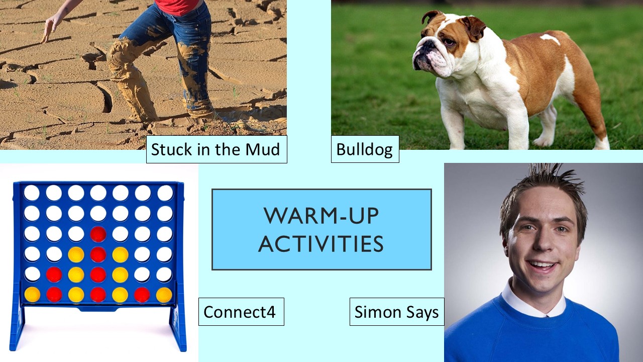 PowerPoint slide on warm up activities for sport like stuck in the mud and bulldog