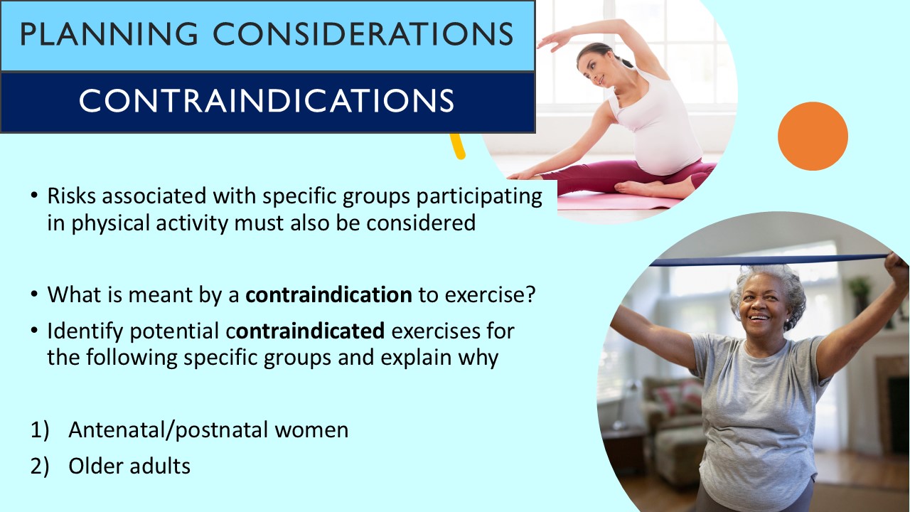 PowerPoint slide on contraindicated exercises for antenatal and postnatal women and older adults