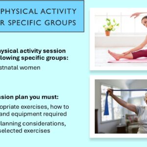 PowerPoint slide on planning physical activity sessions for antenatal and postnatal women and older adults including structure, exercises, and equipment