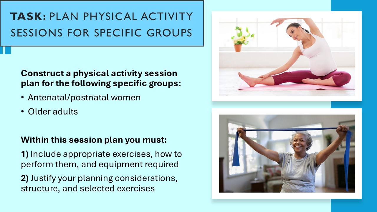 PowerPoint slide on planning physical activity sessions for antenatal and postnatal women and older adults including structure, exercises, and equipment