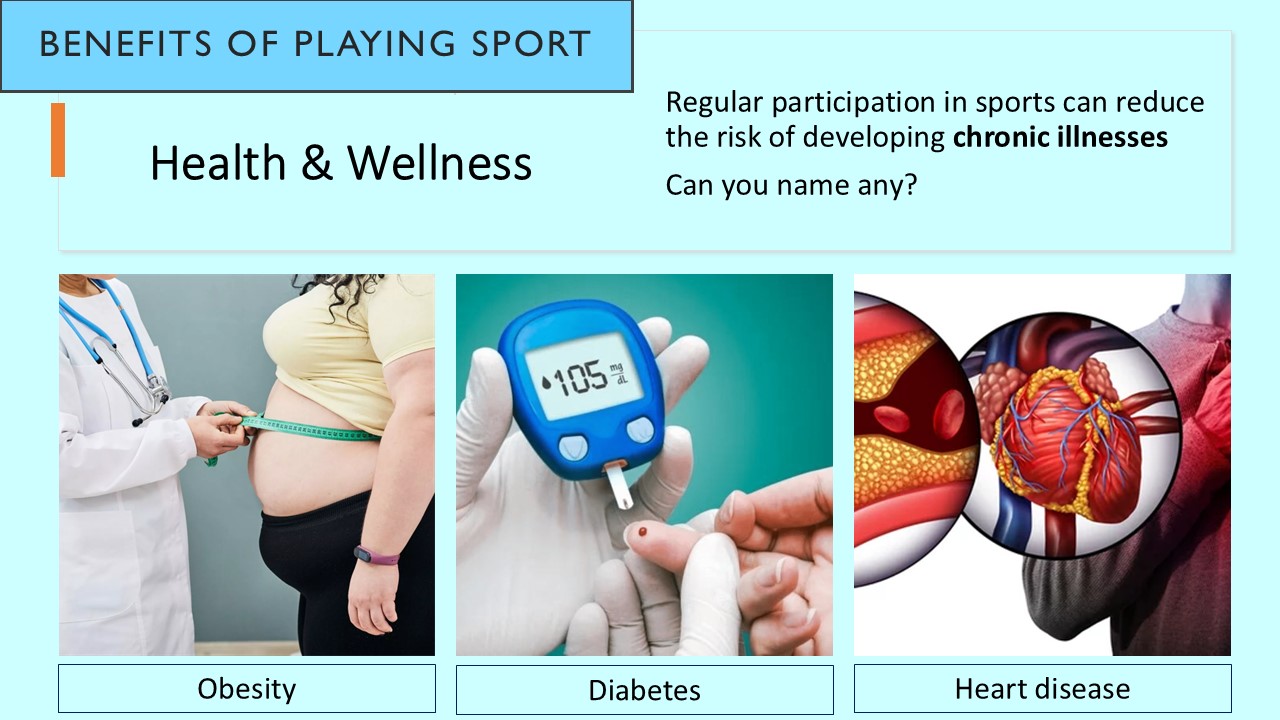 PowerPoint slide on health and wellness as a benefit of sport and reducing the risk of obesity, diabetes, and heart disease