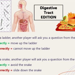 PowerPoint slide on the rules of a digestive tract edition of snakes and ladders game