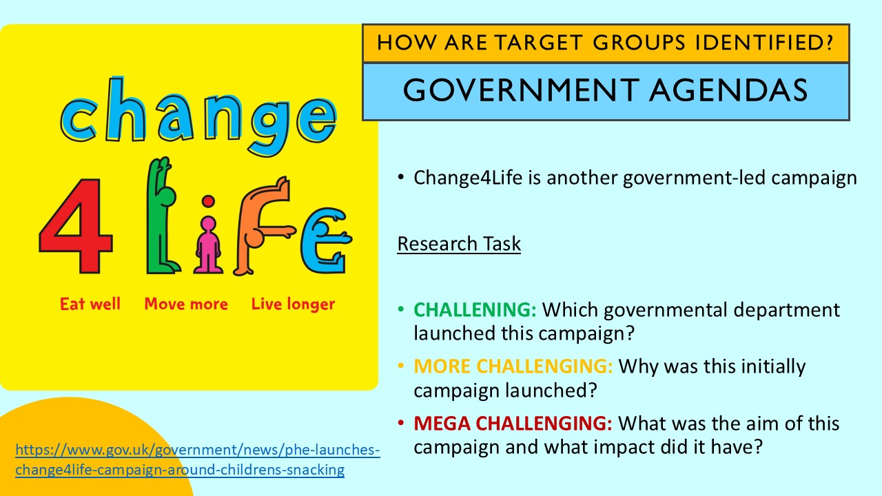 PowerPoint slide on how target groups are identified through government agendas such as Change4Life
