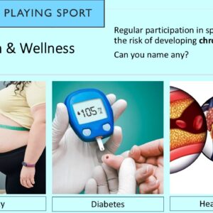 PowerPoint slide on health and wellness as a benefit of sport and reducing the risk of obesity, diabetes, and heart disease