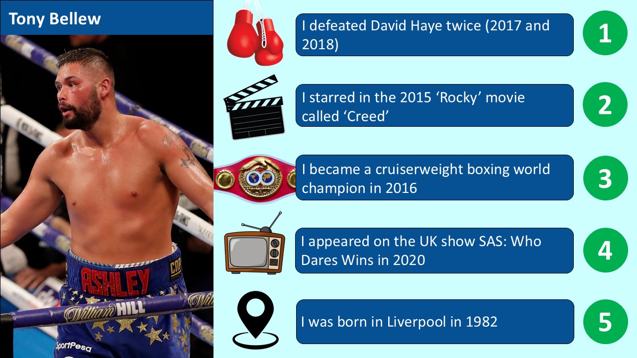 PowerPoint slide of a guess who game to identify athletes involved with sports development programmes using clues