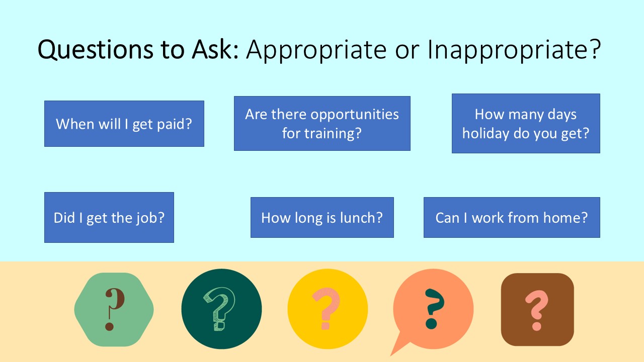 PowerPoint slide on appropriate and inappropriate questions to ask at a job interview