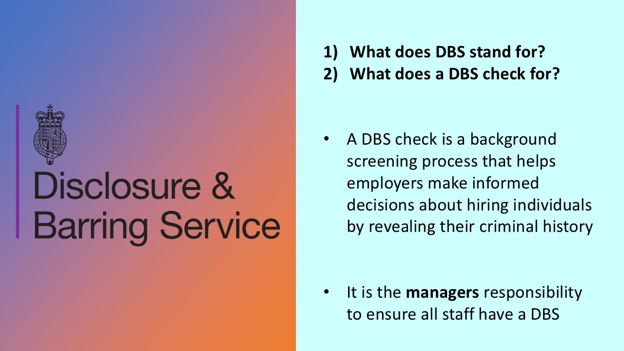 PowerPoint slide on DBS checks for leisure facility staff
