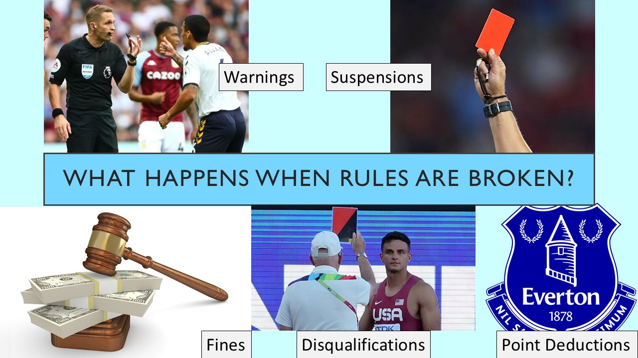 PowerPoint slide on the consequences of breaking rules in sport like warnings, suspensions, fines, disqualifications, point deductions