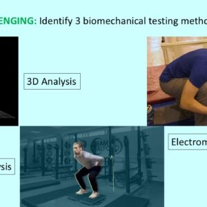 PowerPoint slide on biomechanical testing methods - 3D analysis, force plates, EMG