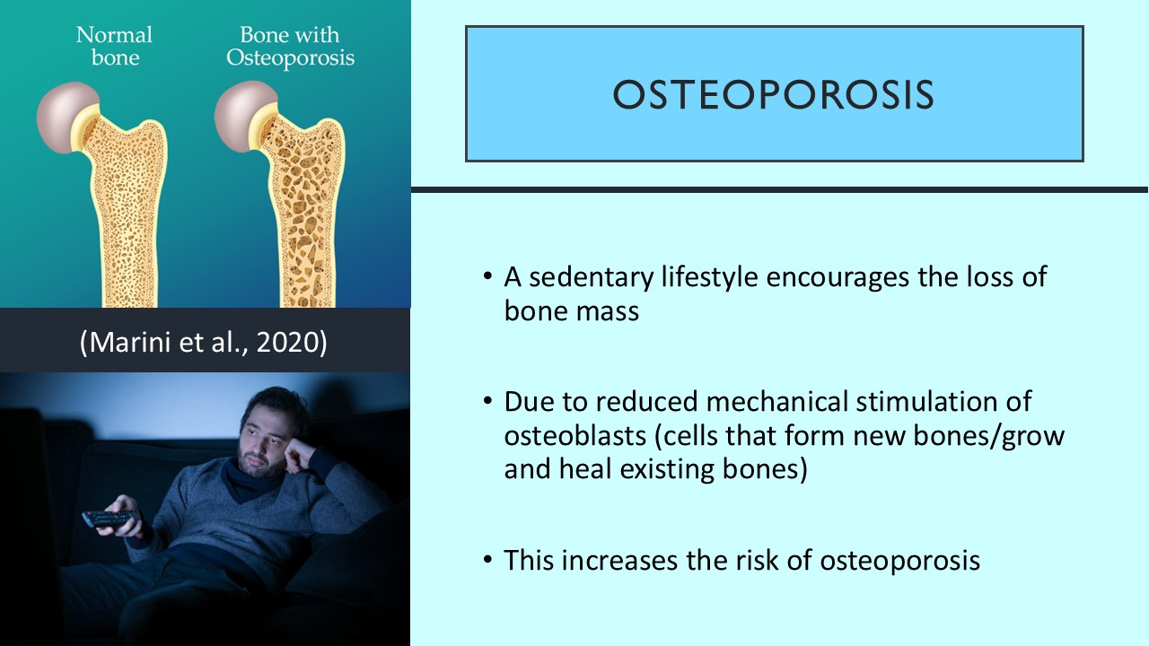 PowerPoint slide on the relationship between a lack of regular physical activity and incidence of osteoporosis
