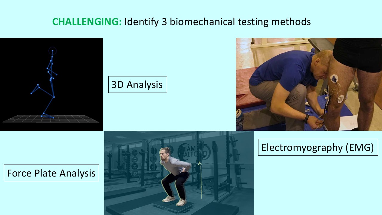 PowerPoint slide on biomechanical testing methods - 3D analysis, force plates, EMG