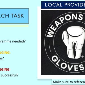 PowerPoint slide on the local sports development provider weapons down gloves up