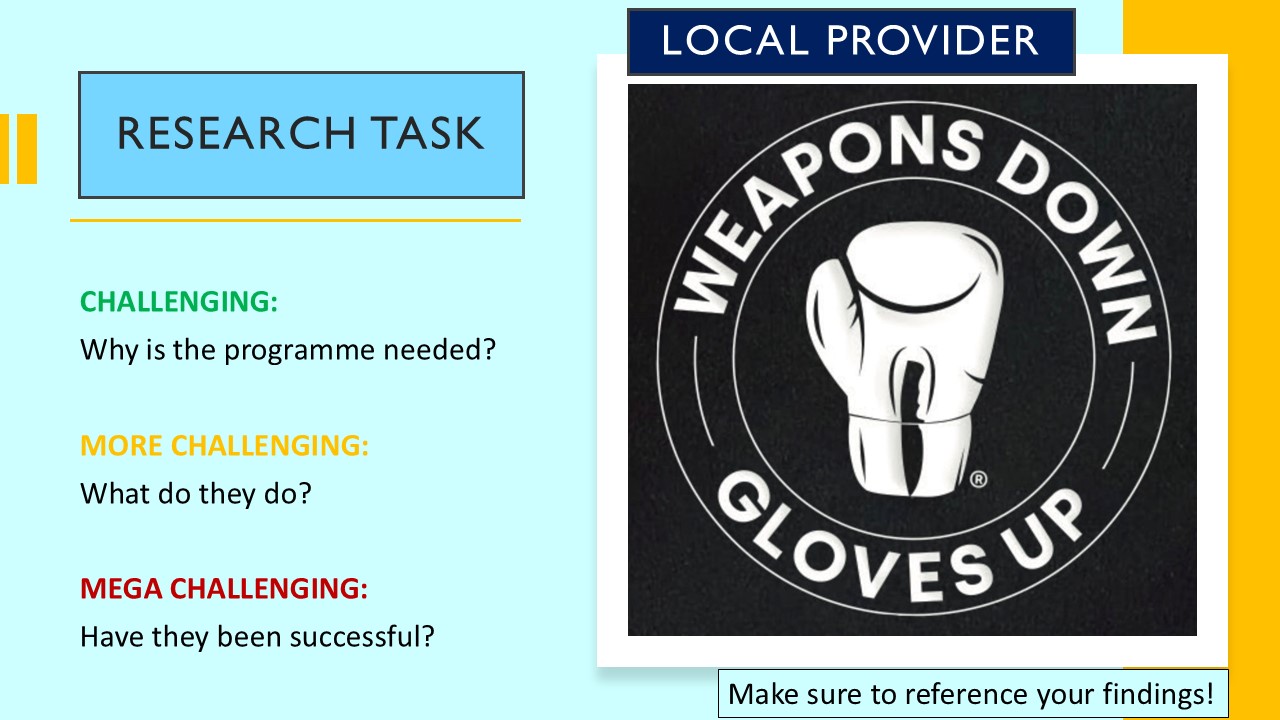 PowerPoint slide on the local sports development provider weapons down gloves up