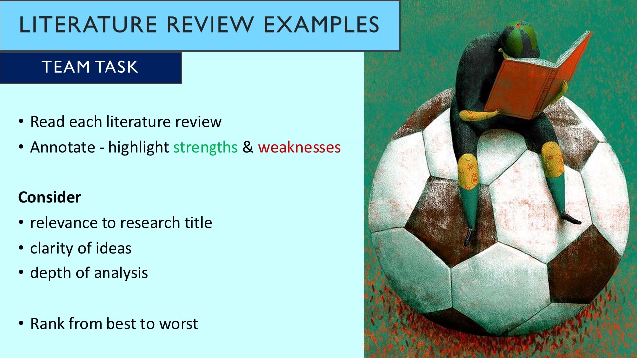 PowerPoint slide on evaluating literature review examples for strengths and weaknesses