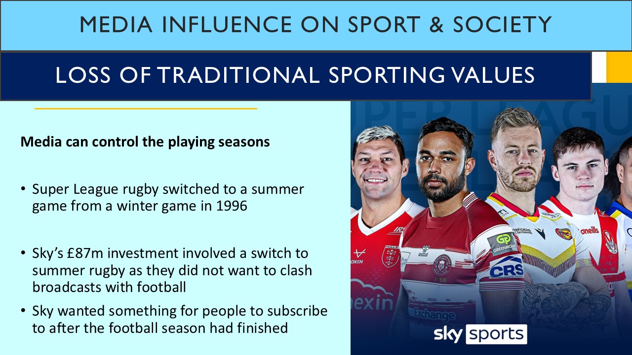 PowerPoint slide on how the media influence the loss of traditional sporting values through controlling the playing seasons