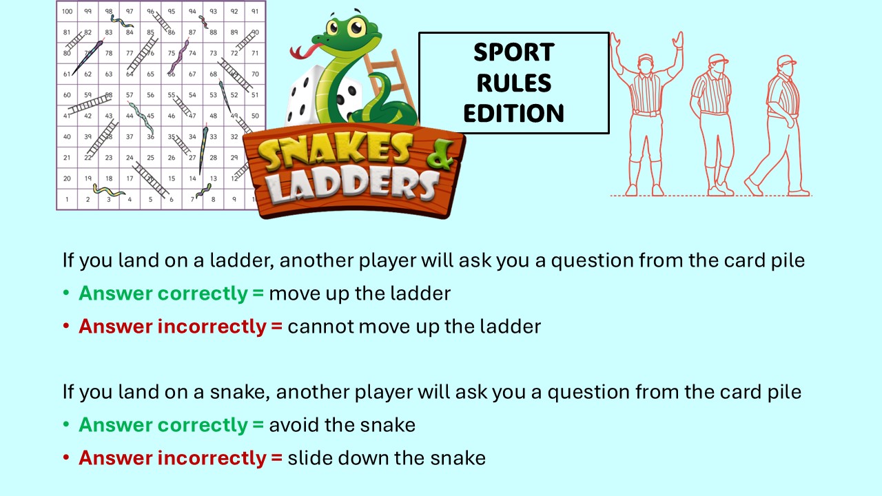 PowerPoint slide outlining how to play the rules in sport edition of a snakes and ladders game