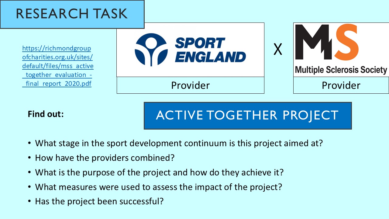 PowerPoint slide on sports development initiatives being operated by providers working in partnership, and aimed at different stages in the sports development continuum