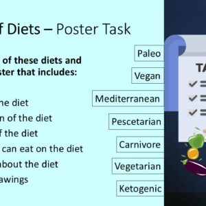 PowerPoint slide on different types of diets like vegetarian, vegan, and pescatarian