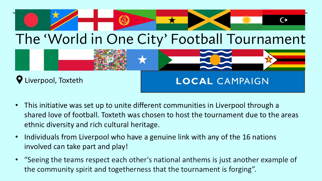 PowerPoint slide on the local campaign 'World in One City' football tournament to increase specific cultural groups' physical activity