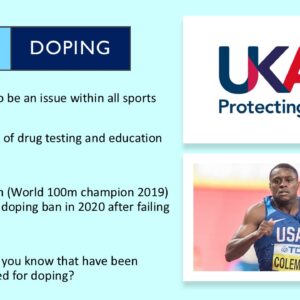 PowerPoint slide on the sociological issue of deviance and doping in sport with an athlete example