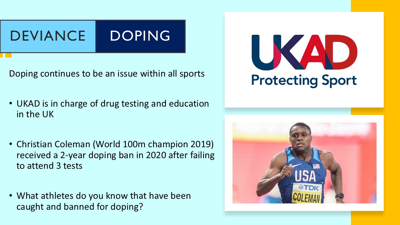 PowerPoint slide on the sociological issue of deviance and doping in sport with an athlete example