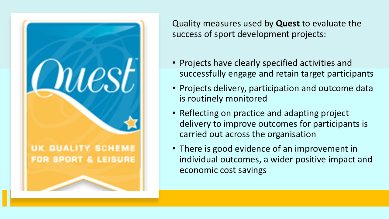 PowerPoint slide on Sport England's recommended Continuous Improvement Tool Quest and its quality measures to evaluate sports development initiatives