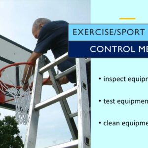 PowerPoint slide on control measures for sport equipment within a risk assessment like inspections