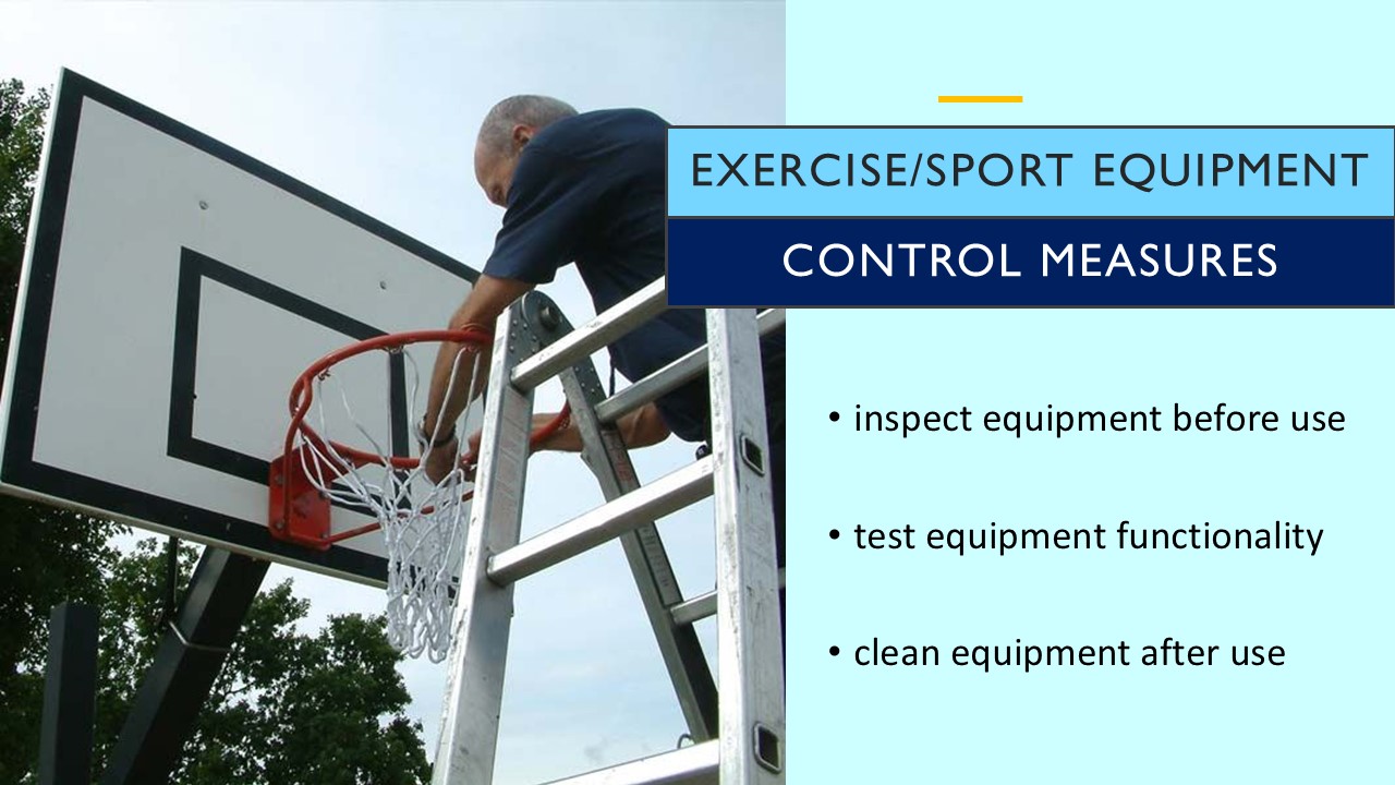 PowerPoint slide on control measures for sport equipment within a risk assessment like inspections