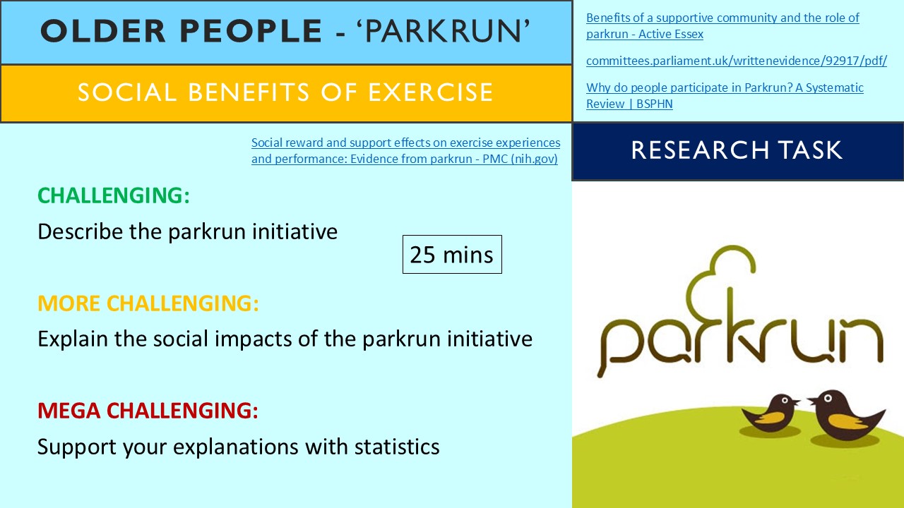 PowerPoint slide on the social benefits of participating in regular physical activity for older people through parkrun