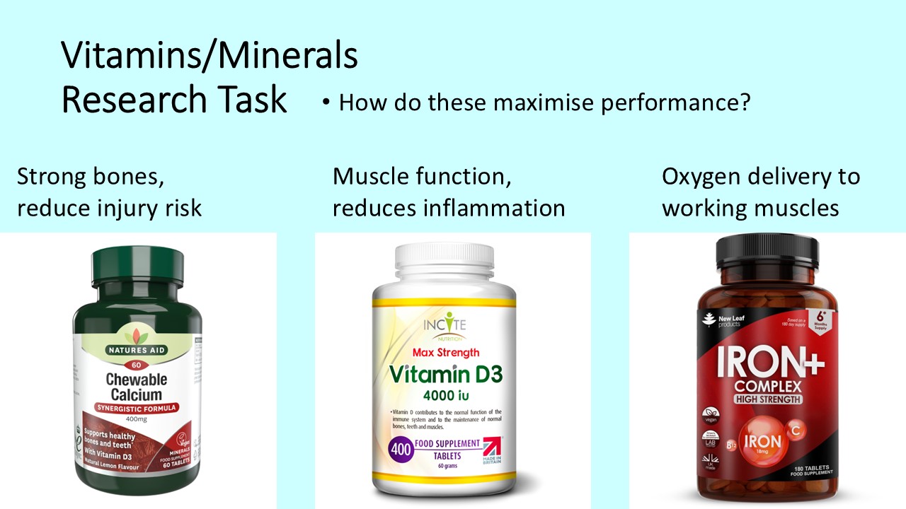 PowerPoint slide on how vitamins and minerals help to maximise performance in sport - calcium, vitamin D, iron