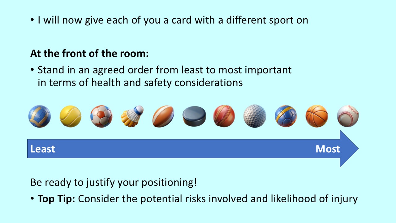 PowerPoint slide on ranking sports based on their importance for health and safety considerations