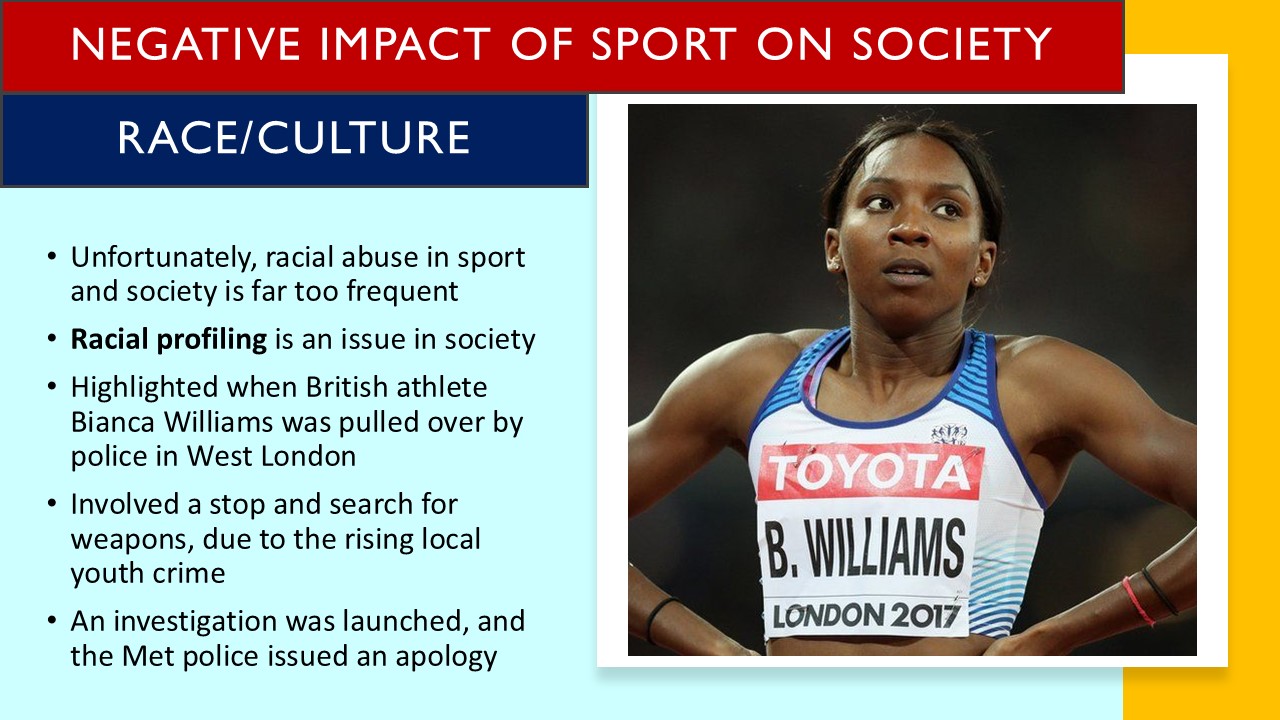 PowerPoint slide on the negative impact of sport on society though racial issues like racial profiling with an athlete example
