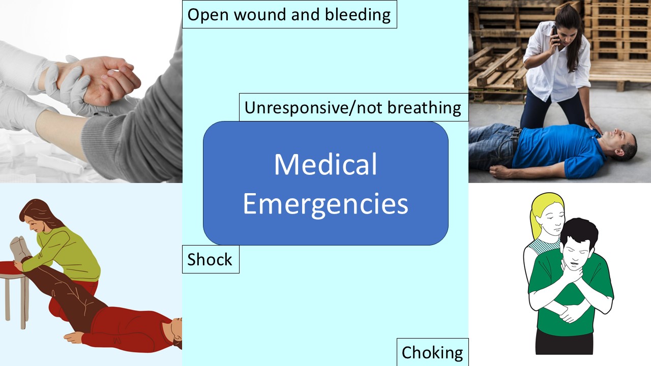 PowerPoint slide on medical emergencies - open wound, unresponsive, choking, shock