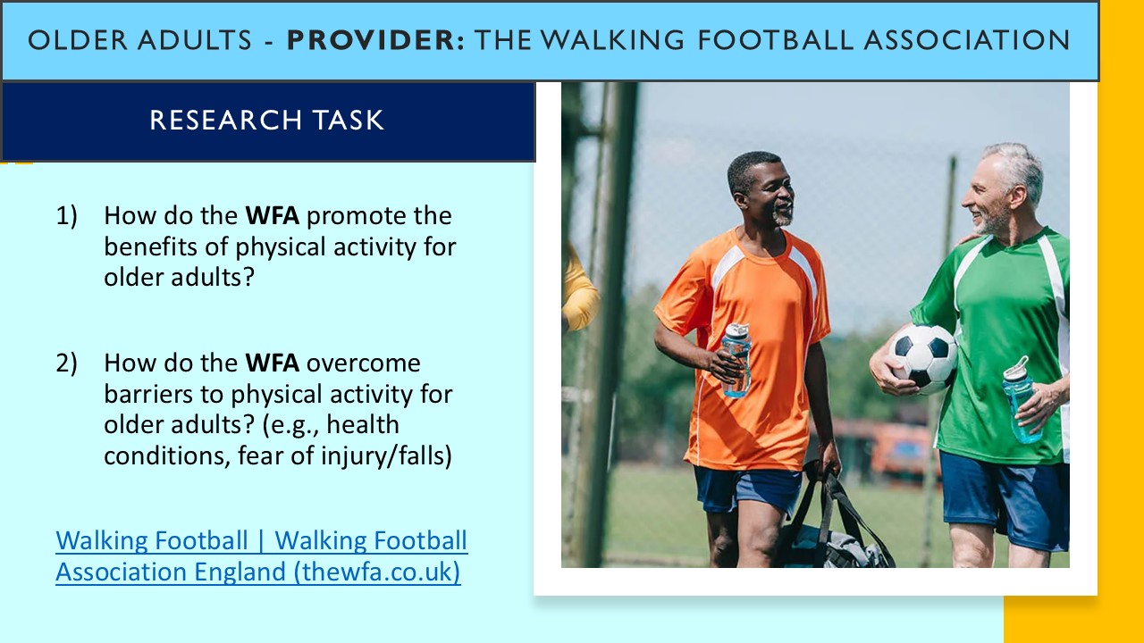 PowerPoint slide on how the Walking Football Association promote the benefits of physical activity and overcome barriers to exercise for older adults