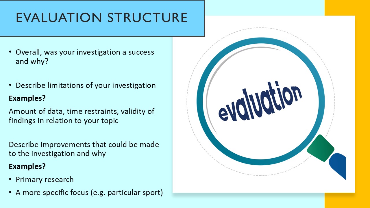 PowerPoint slide on structuring an investigation evaluation section including limitations and improvements