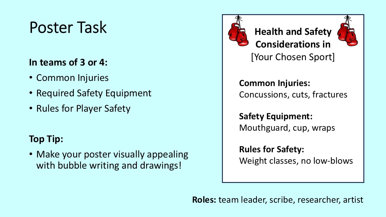 PowerPoint slide on health and safety considerations within a chosen sport like common injuries, equipment, and rules