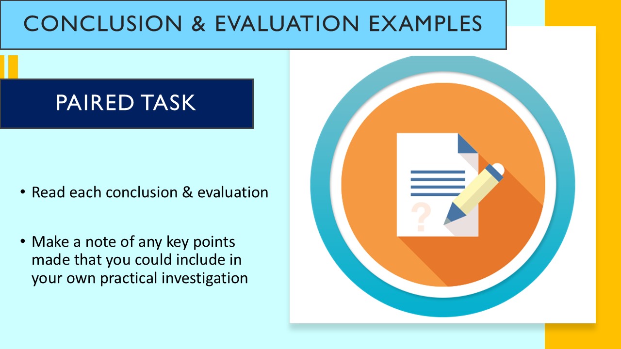 PowerPoint slide on example investigation evaluation and conclusion sections