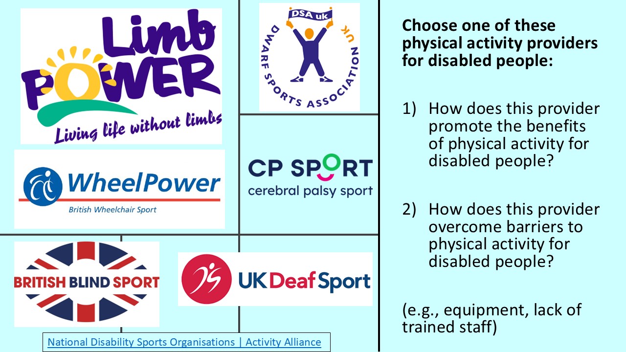 PowerPoint slide on how disability sport providers promote the benefits of physical activity and overcome barriers to exercise for people with disabilities