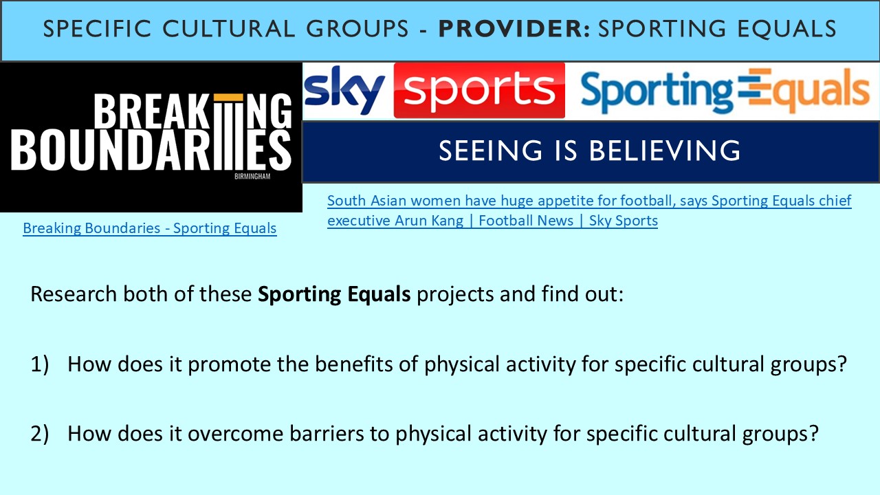 PowerPoint slide on the provider of physical activity 'Sporting Equals' for specific cultural groups