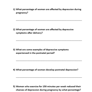 Worksheet quiz on the psychological effects of exercise for antenatal and postnatal women