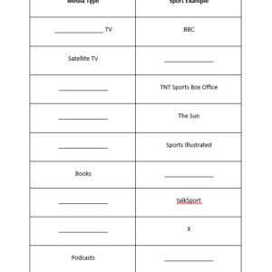 Worksheet table on the different types of media with sport examples