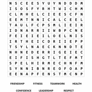 Worksheet wordsearch on the main benefits of being actively involved in a sport