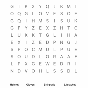 Worksheet wordsearch on health and safety considerations across sports including equipment and clothing